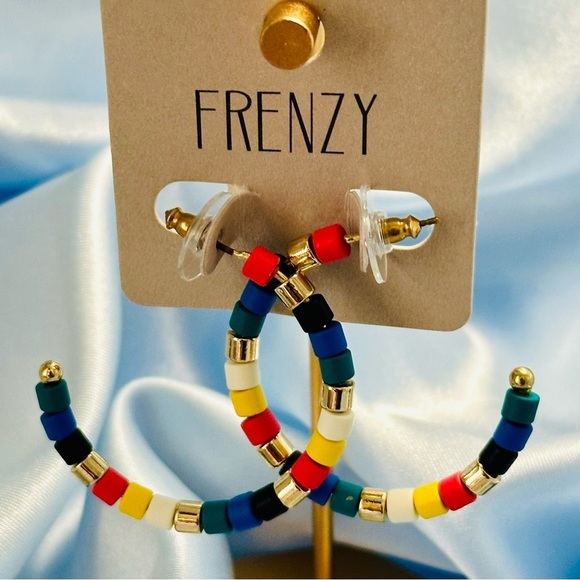 Colorful Beaded Hoop Earrings | Rainbow Statement Hoops 1.5" - Picture 9 of 9